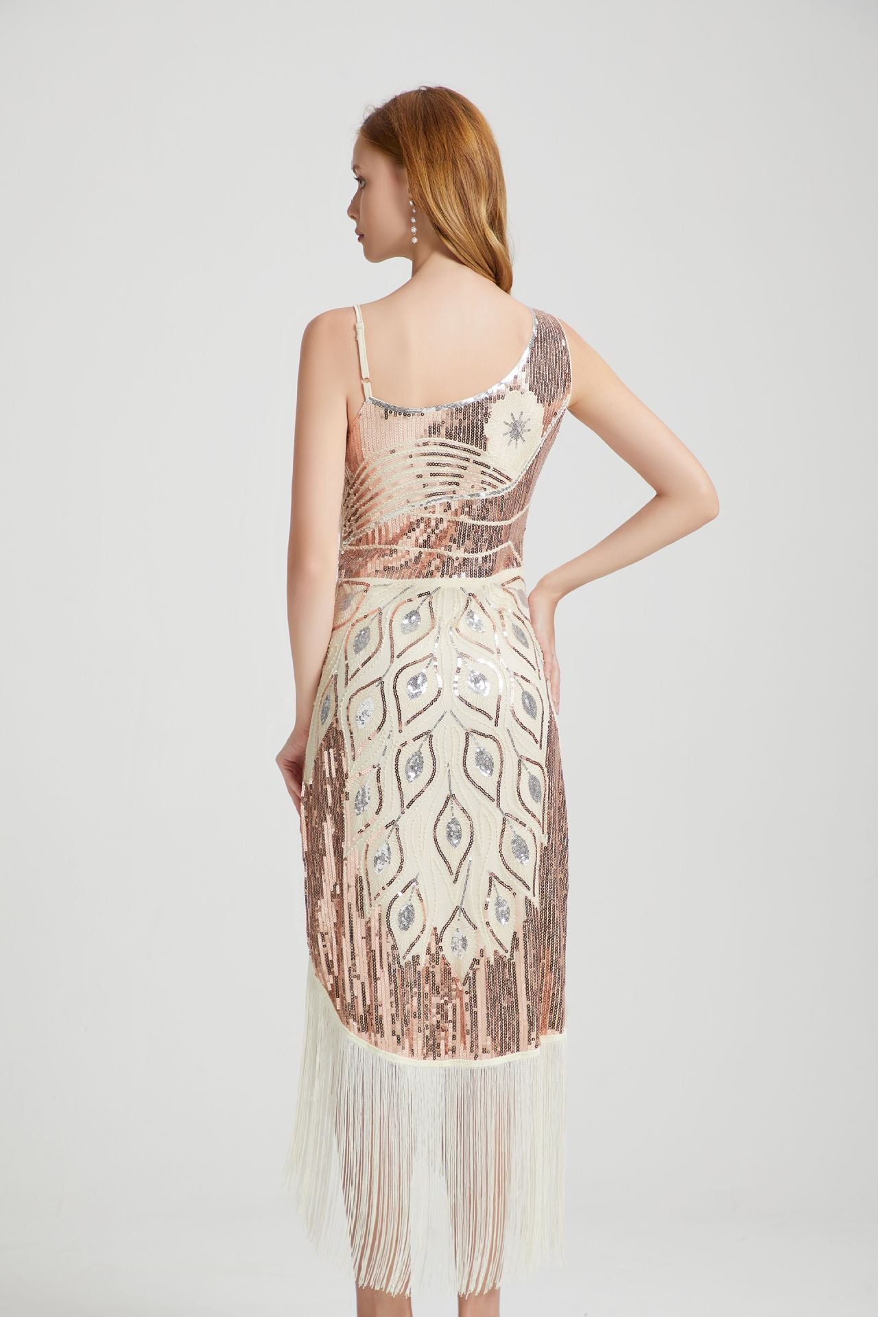 Luca Sequin Tassel Midi Evening Dress  In Beige