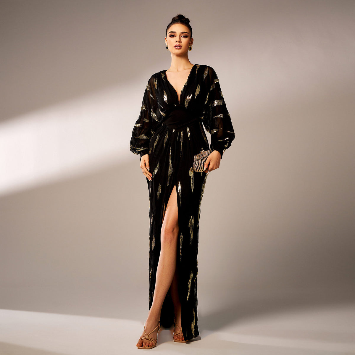Ubah Sequin V-Neck Maxi Dress In Black