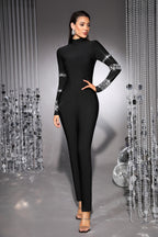 Seraphina Black Long Sleeve Rhinestones Bandage Jumpsuit