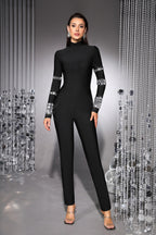 Seraphina Black Long Sleeve Rhinestones Bandage Jumpsuit