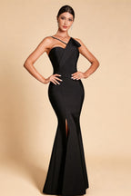 Simone Black Asymmetric Shoulder Beaded Bandage Maxi Dress