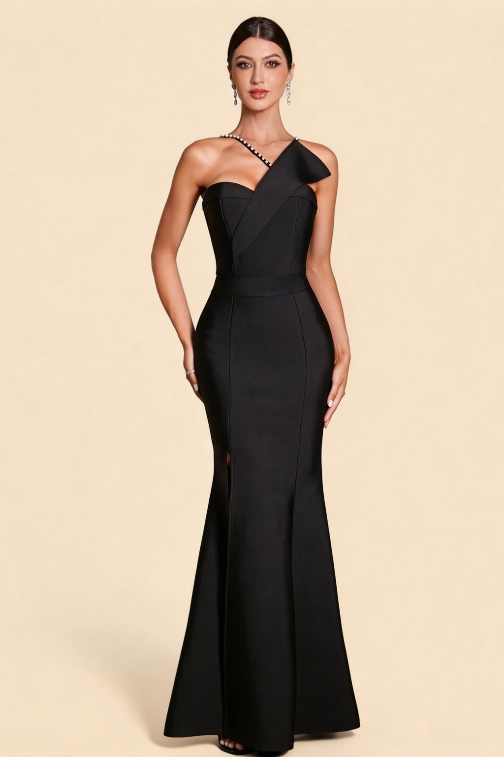 Simone Black Asymmetric Shoulder Beaded Bandage Maxi Dress
