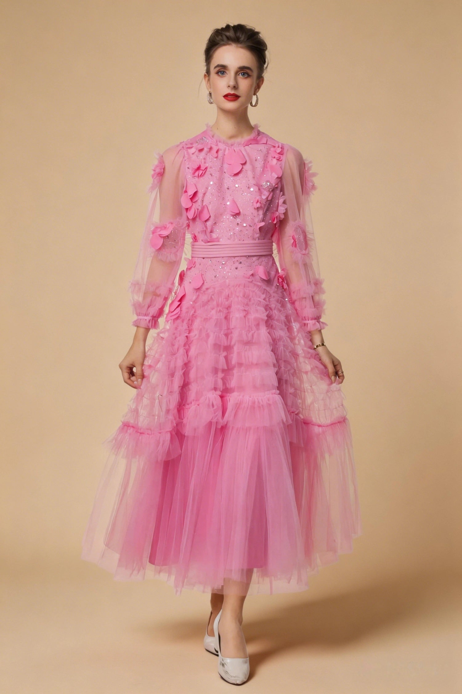 Sophia 3D Floral Sequin Mesh Maxi Dress In Pink