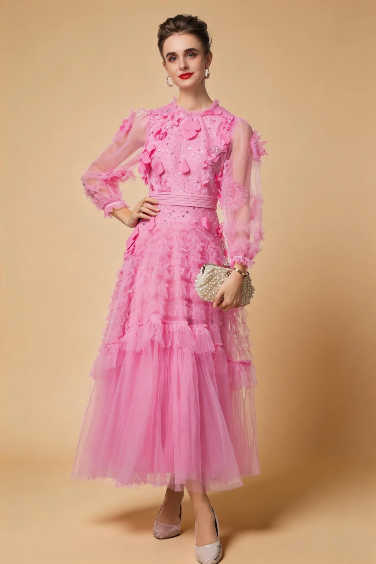 Sophia 3D Floral Sequin Mesh Maxi Dress In Pink