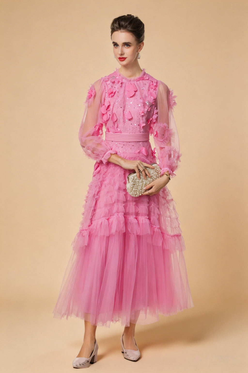 Sophia 3D Floral Sequin Mesh Maxi Dress In Pink