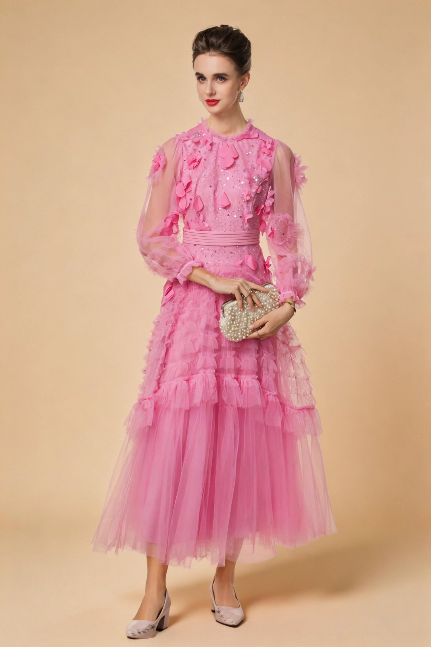 Sophia 3D Floral Sequin Mesh Maxi Dress In Pink