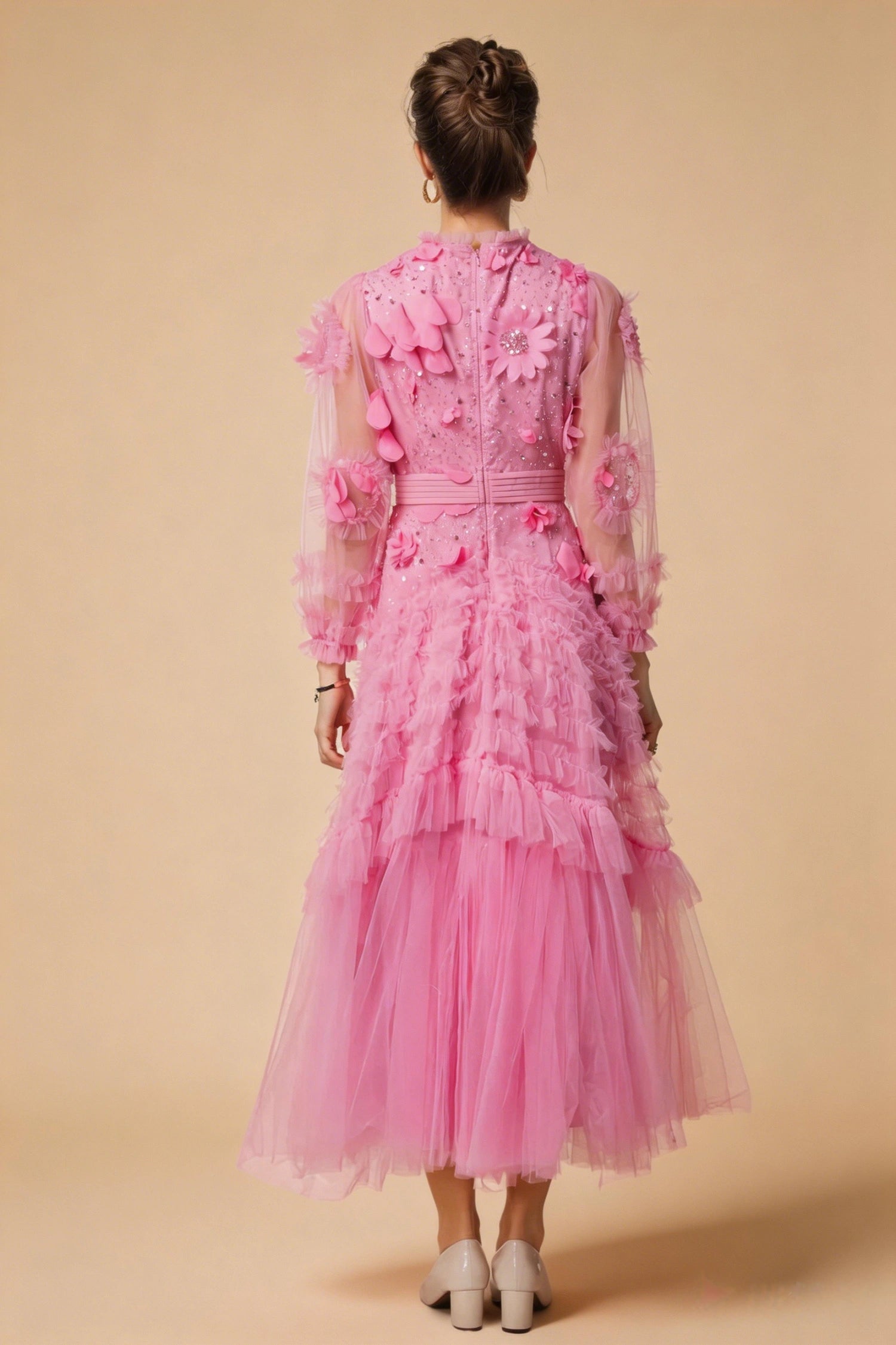 Sophia 3D Floral Sequin Mesh Maxi Dress In Pink