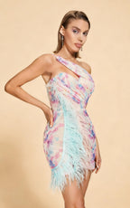 Stella Colorful Sequin Off-Shoulder Feather Mini Dress