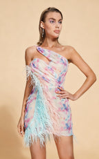 Stella Colorful Sequin Off-Shoulder Feather Mini Dress
