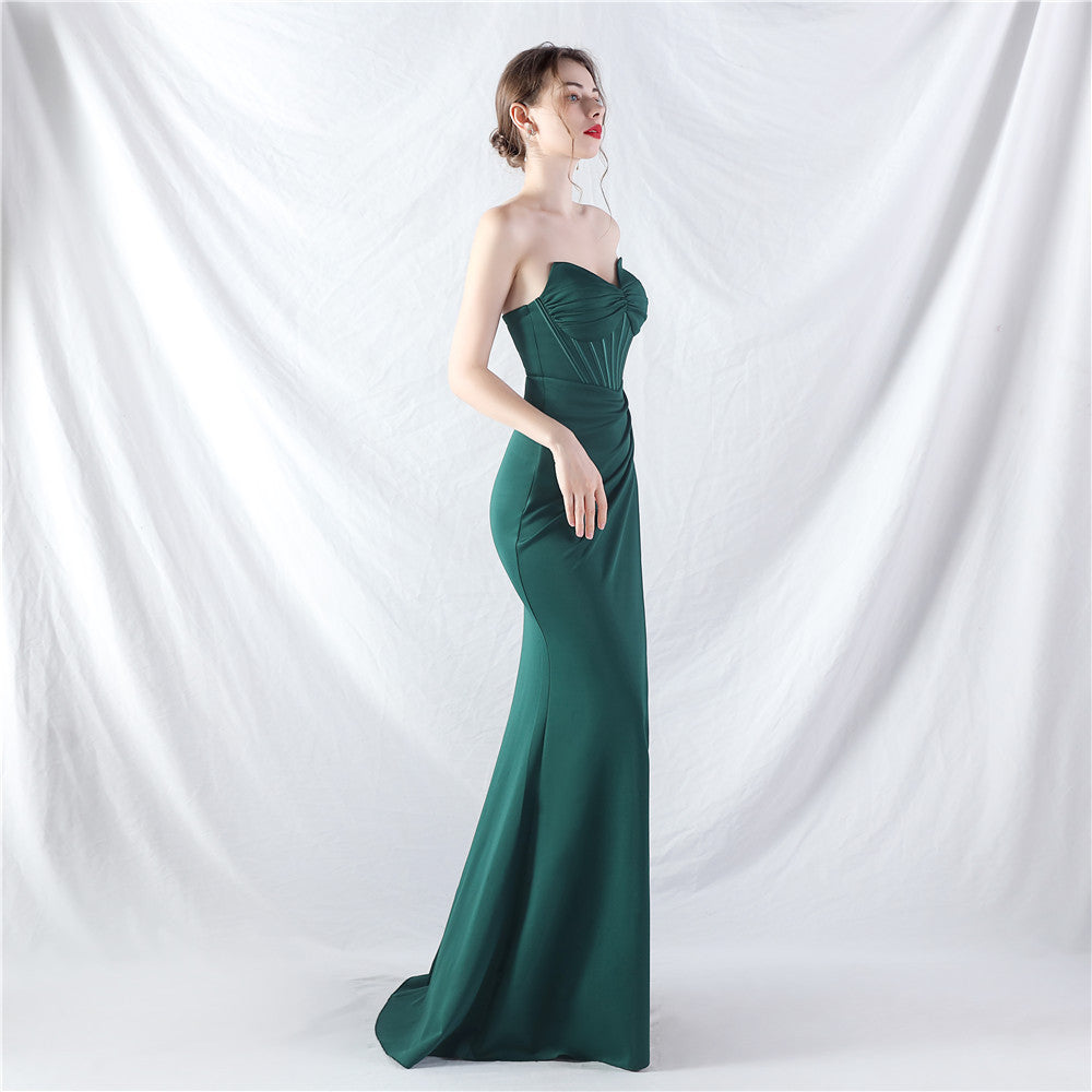 Ethan Strapless Satin Evening Dress In Dark Green