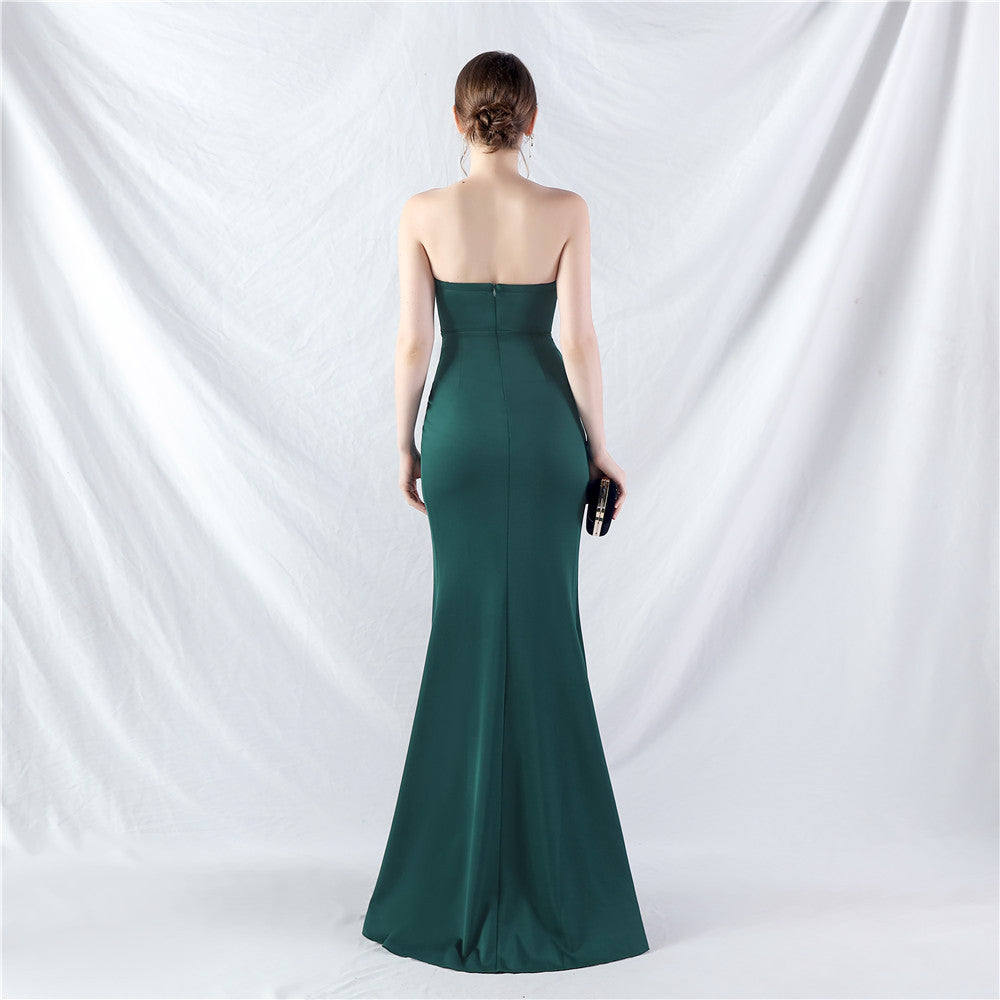 Ethan Strapless Satin Evening Dress In Dark Green