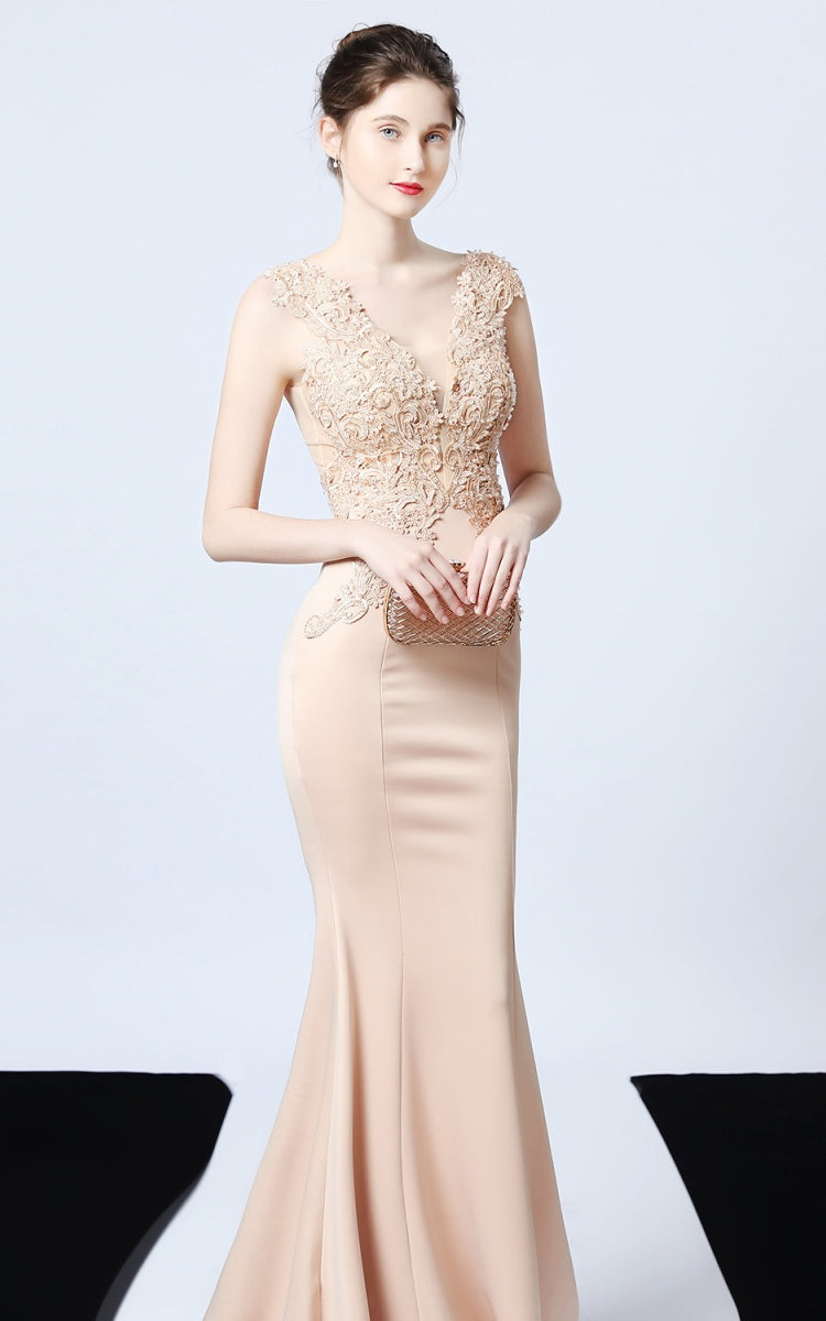 Victor Apricot Beaded Floral Maxi Evening Dress