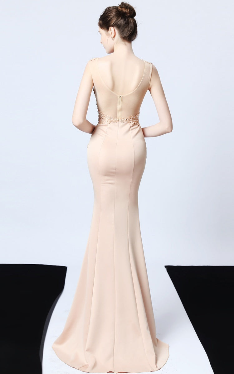 Victor Apricot Beaded Floral Maxi Evening Dress
