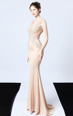 Victor Apricot Beaded Floral Maxi Evening Dress