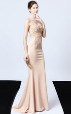 Victor Apricot Beaded Floral Maxi Evening Dress