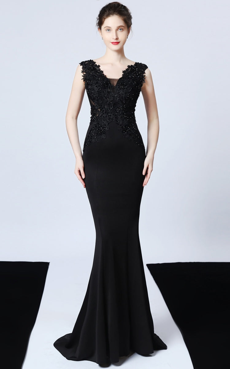 Victor Black Beaded Floral Maxi Evening Dress Main image