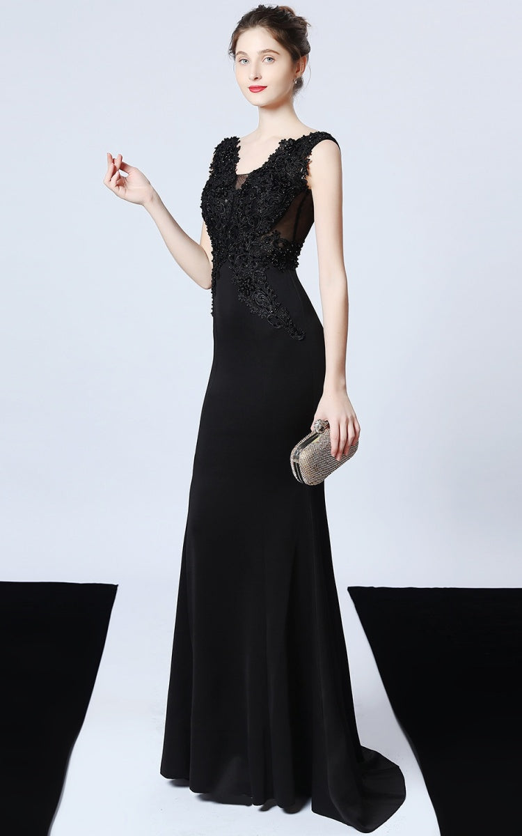 Victor Black Beaded Floral Maxi Evening Dress