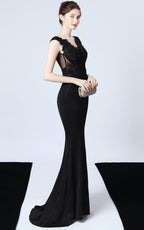 Victor Black Beaded Floral Maxi Evening Dress