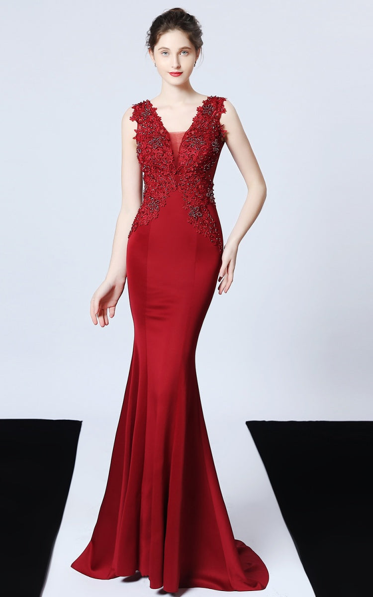 Victor Dark Red Beaded Floral Maxi Evening Dress