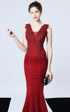 Victor Dark Red Beaded Floral Maxi Evening Dress
