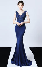 Victor Navy Blue Beaded Floral Maxi Evening Dress