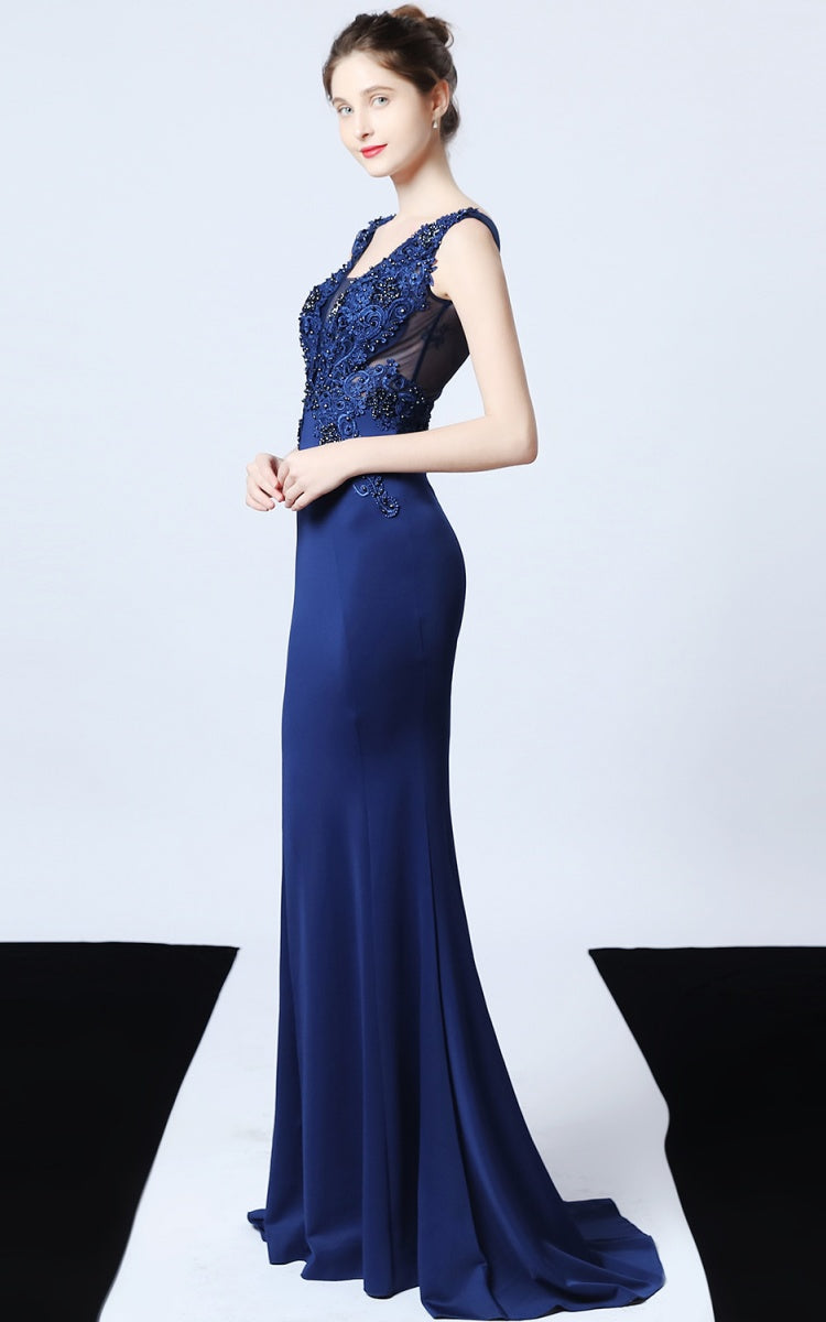 Victor Navy Blue Beaded Floral Maxi Evening Dress