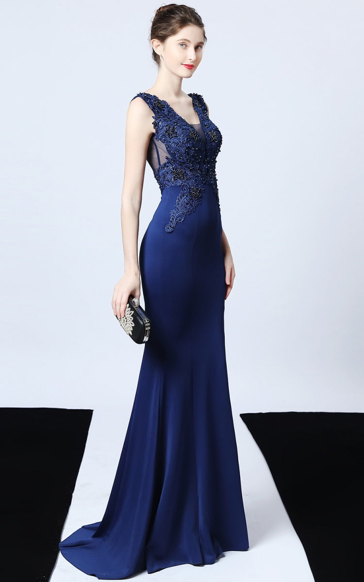 Victor Navy Blue Beaded Floral Maxi Evening Dress