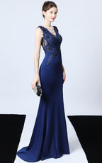 Victor Navy Blue Beaded Floral Maxi Evening Dress