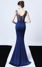 Victor Navy Blue Beaded Floral Maxi Evening Dress