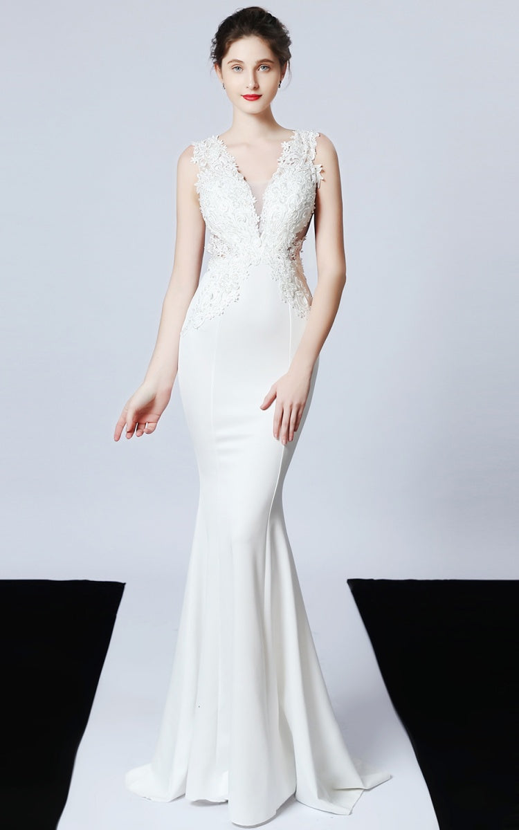 Victor White Beaded Floral Maxi Evening Dress Main image