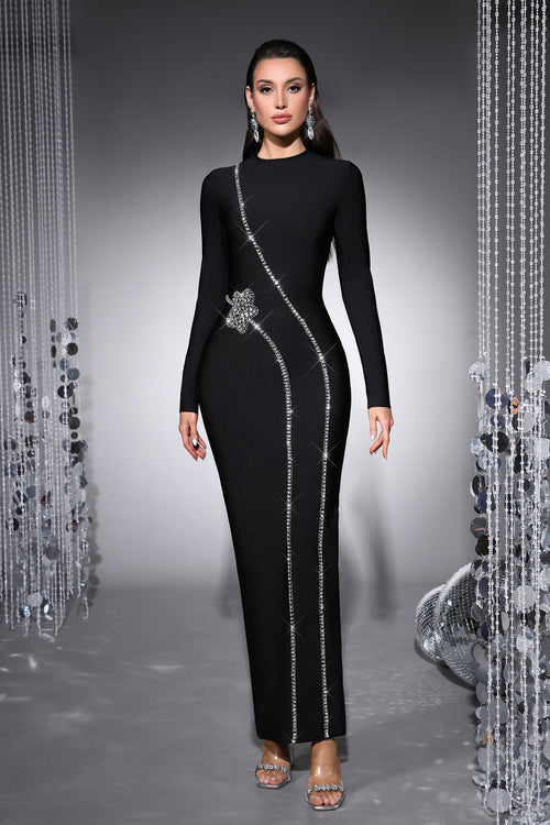 Victoria Black Rhinestone Bodycon Bandage Maxi Dress