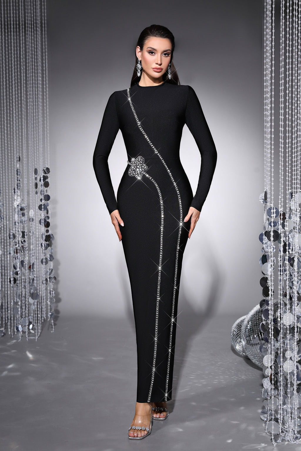 Victoria Black Rhinestone Bodycon Bandage Maxi Dress