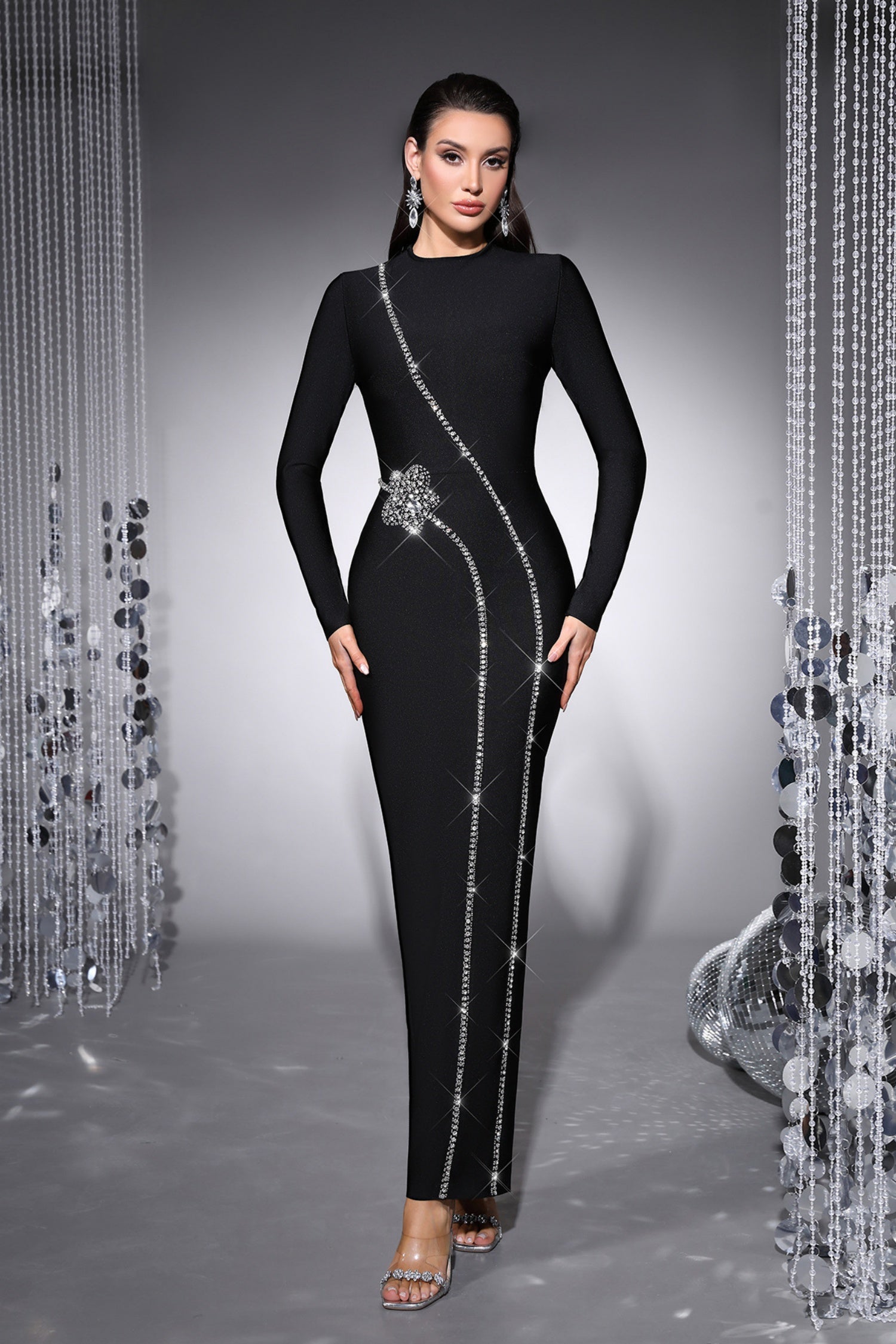 Victoria Black Rhinestone Bodycon Bandage Maxi Dress