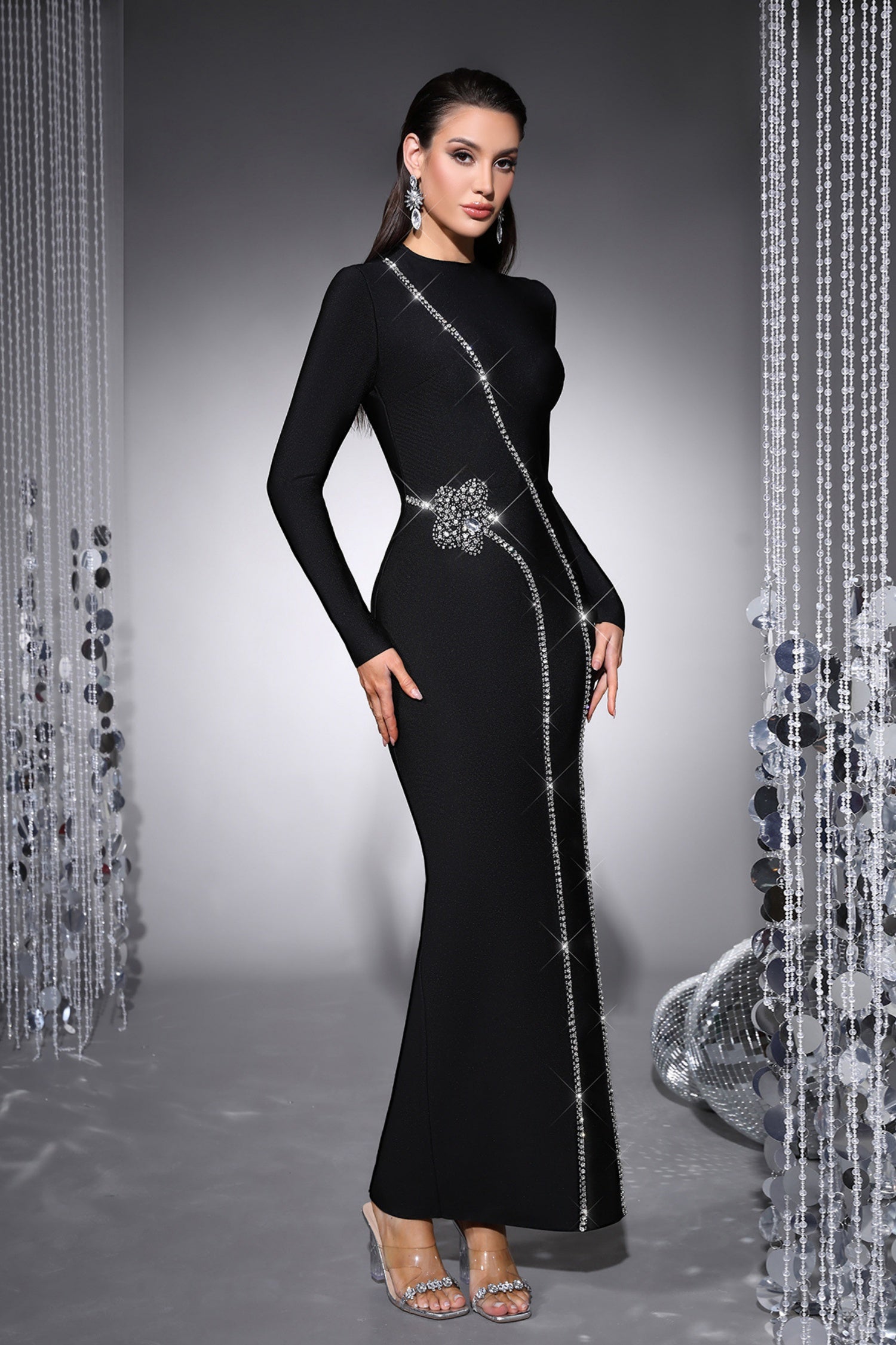 Victoria Black Rhinestone Bodycon Bandage Maxi Dress