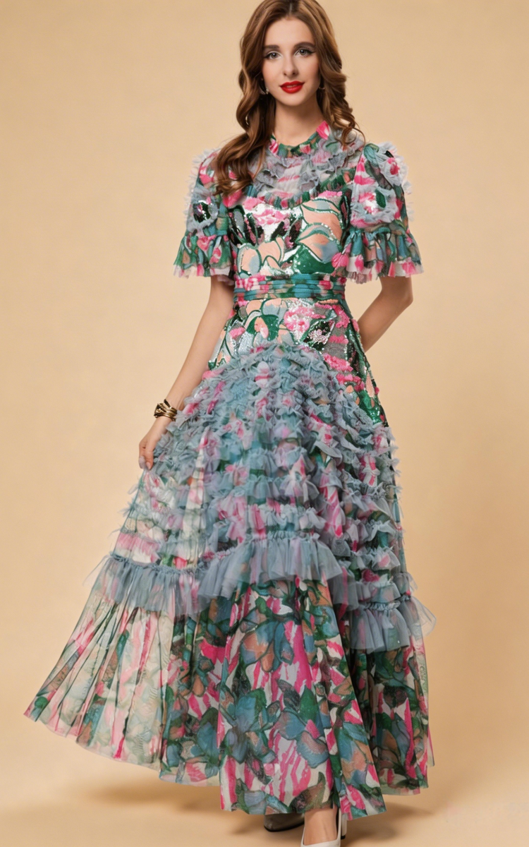 Willa Colorful Sequin Bell-Sleeve Floral Dress