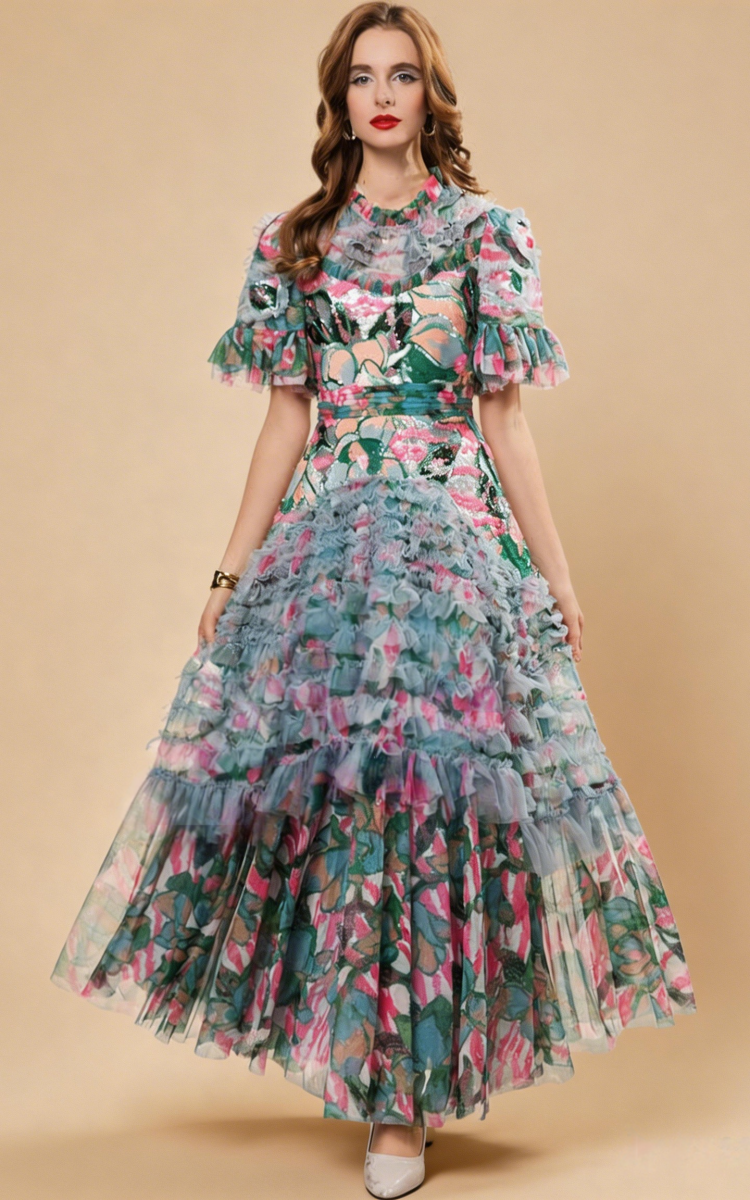 Willa Colorful Sequin Bell-Sleeve Floral Dress