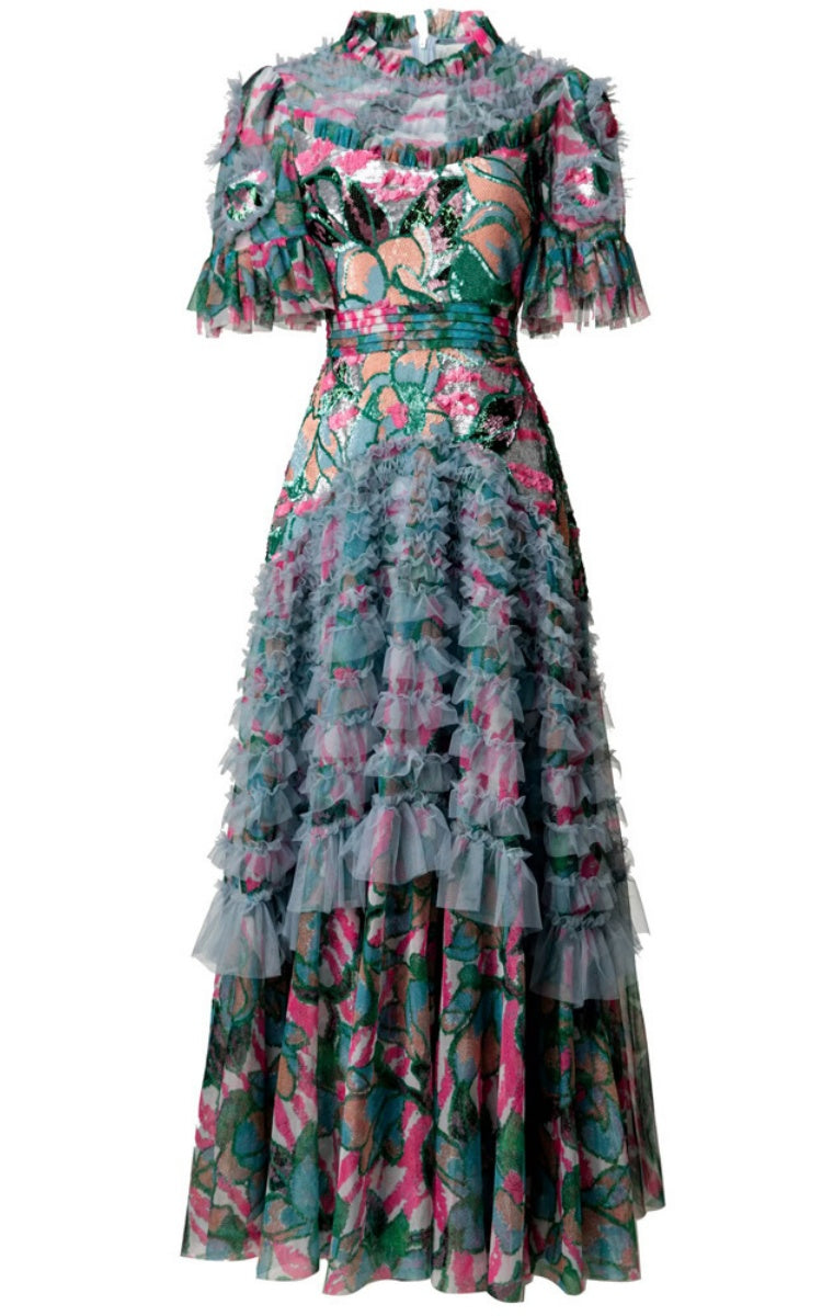 Willa Colorful Sequin Bell-Sleeve Floral Dress