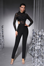 Zoe Black Sheer Mesh Beaded Bandage Jumpsuit
