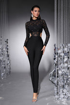 Zoe Black Sheer Mesh Beaded Bandage Jumpsuit
