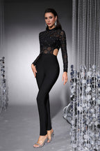 Zoe Black Sheer Mesh Beaded Bandage Jumpsuit