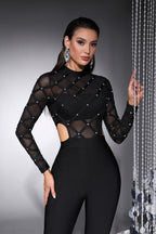 Zoe Black Sheer Mesh Beaded Bandage Jumpsuit
