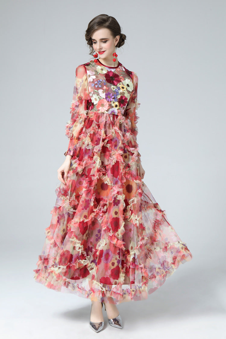 Mia Floral Embroidery Mesh Maxi Dress In Red