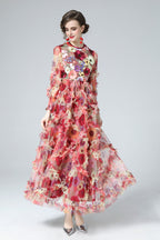 Mia Floral Embroidery Mesh Maxi Dress In Red