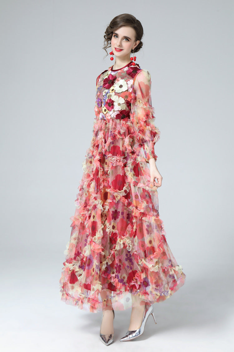 Mia Floral Embroidery Mesh Maxi Dress In Red