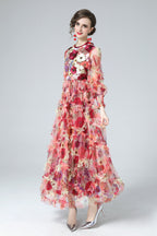 Mia Floral Embroidery Mesh Maxi Dress In Red
