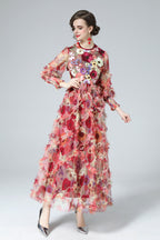 Mia Floral Embroidery Mesh Maxi Dress In Red