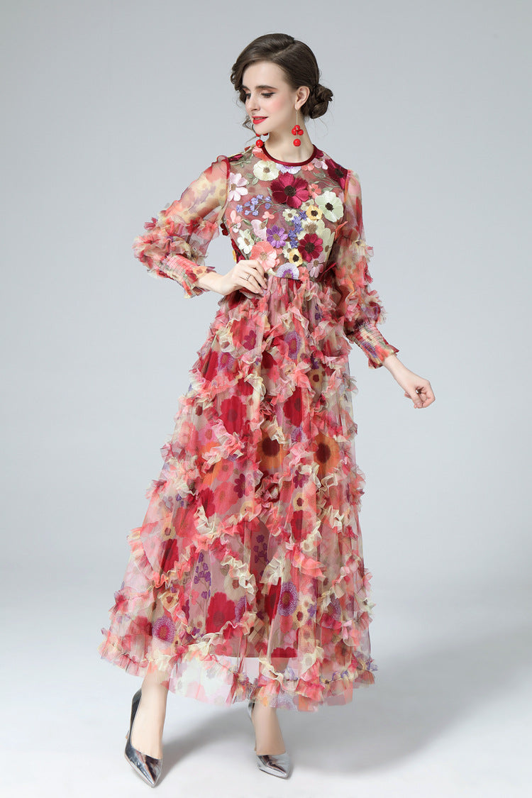 Mia Floral Embroidery Mesh Maxi Dress In Red