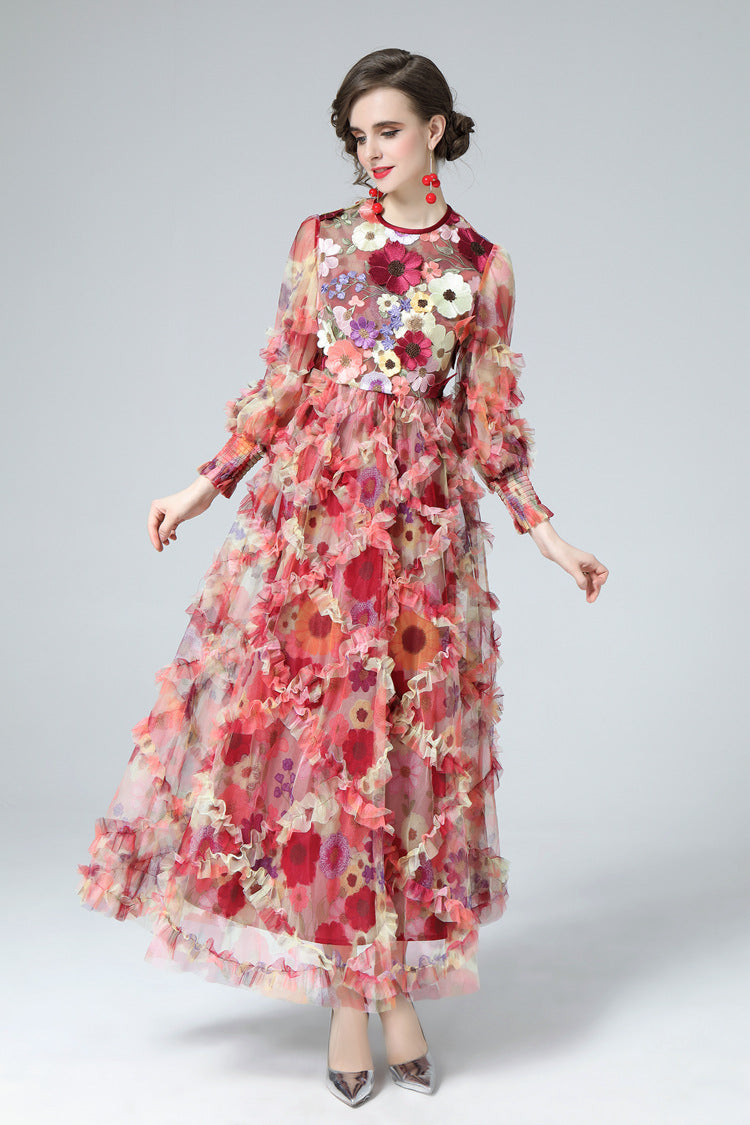 Mia Floral Embroidery Mesh Maxi Dress In Red