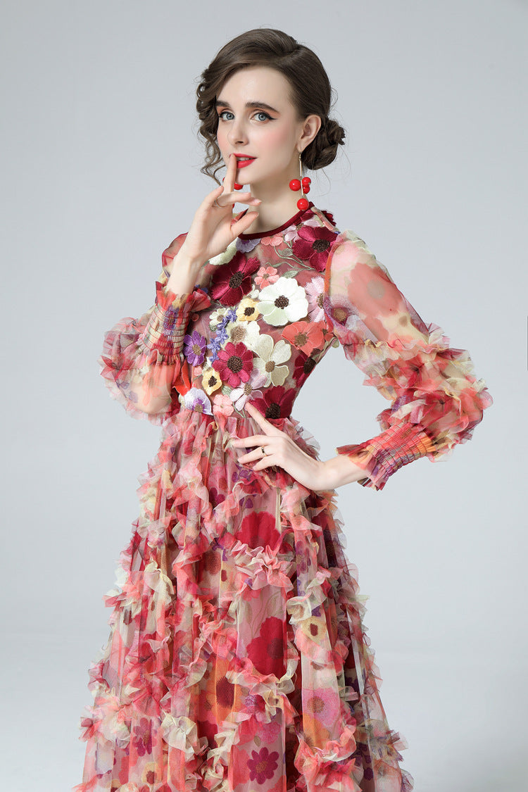 Mia Floral Embroidery Mesh Maxi Dress In Red