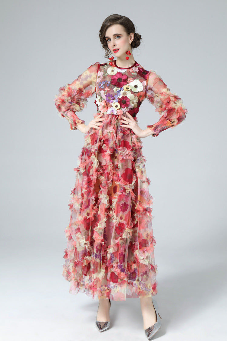Mia Floral Embroidery Mesh Maxi Dress In Red